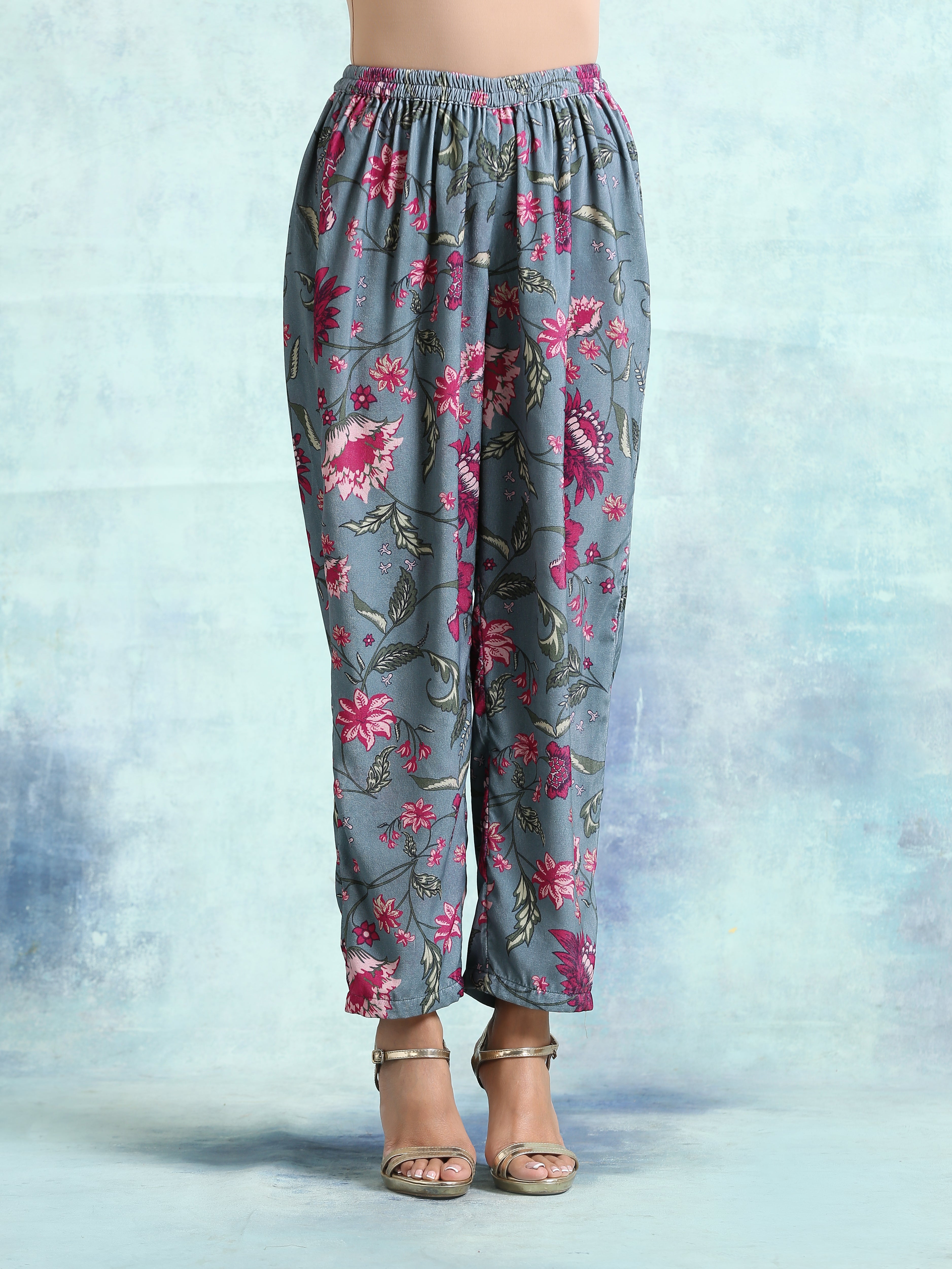 trueBrowns Grey Printed Velvet Pant - Distacart