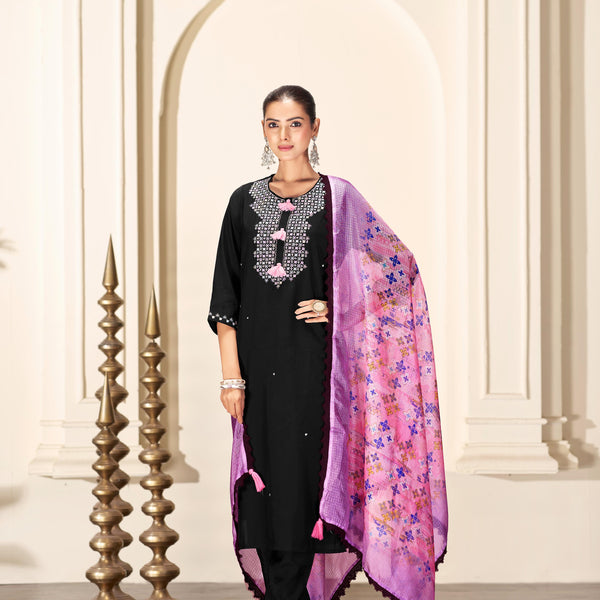 BulBul Bhumi Black Silk Kurta Set with Dupatta