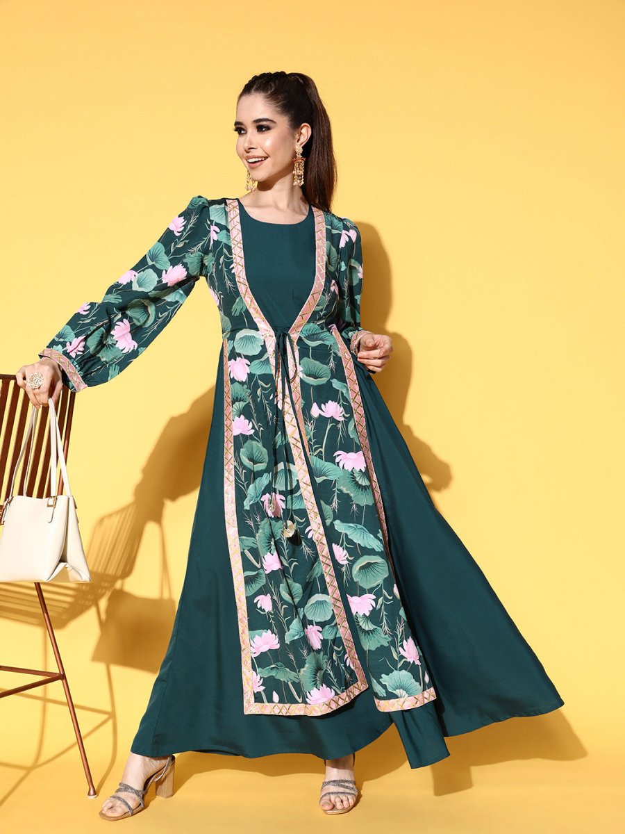 Ahalyaa Green Crepe Puff Sleeves Floral Printed Maxi Ethnic Dress with Waist Tie-Ups - Distacart