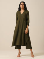 Thumbnail for trueBrowns Olive Green Slub Texture Kurta Pant Set - Distacart