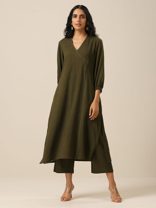 trueBrowns Olive Green Slub Texture Kurta Pant Set - Distacart