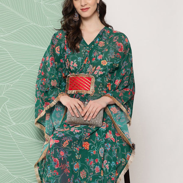 Ahalyaa Women Floral Printed Flared Sleeves Patchwork Georgette Kaftan Kurta - Distacart