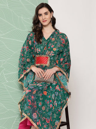 Ahalyaa Women Floral Printed Flared Sleeves Patchwork Georgette Kaftan Kurta - Distacart
