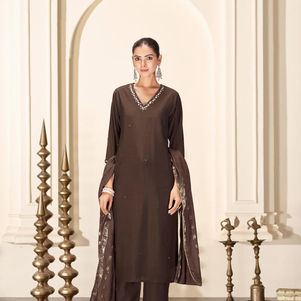 BulBul Nirjari Brown Silk Kurta Set with Dupatta