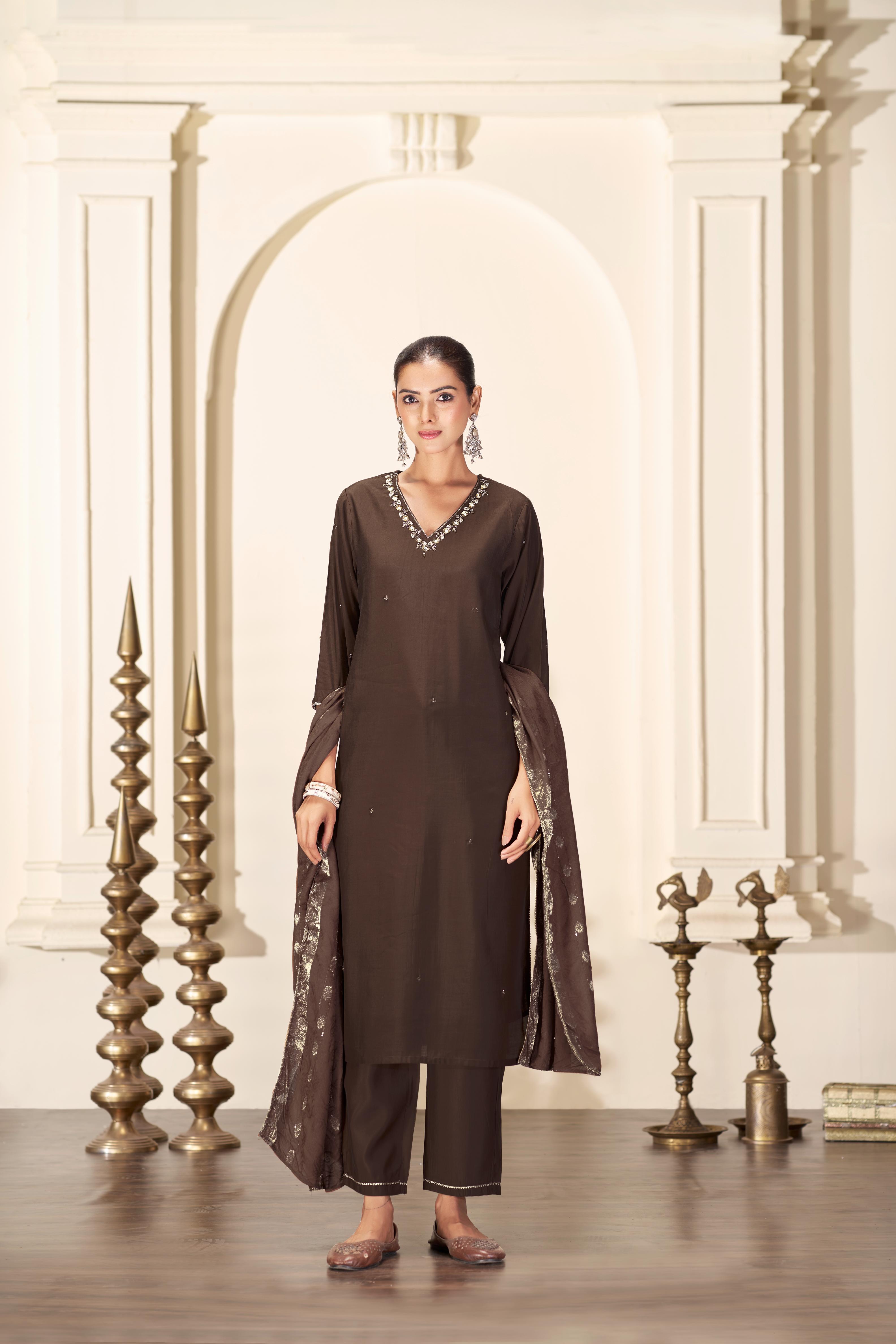 BulBul Nirjari Brown Silk Kurta Set with Dupatta