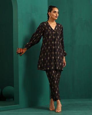 trueBrowns Black Tonal Ikat Muslin Silk Printed V-Neck Front Pleat Co-ord Set - Distacart
