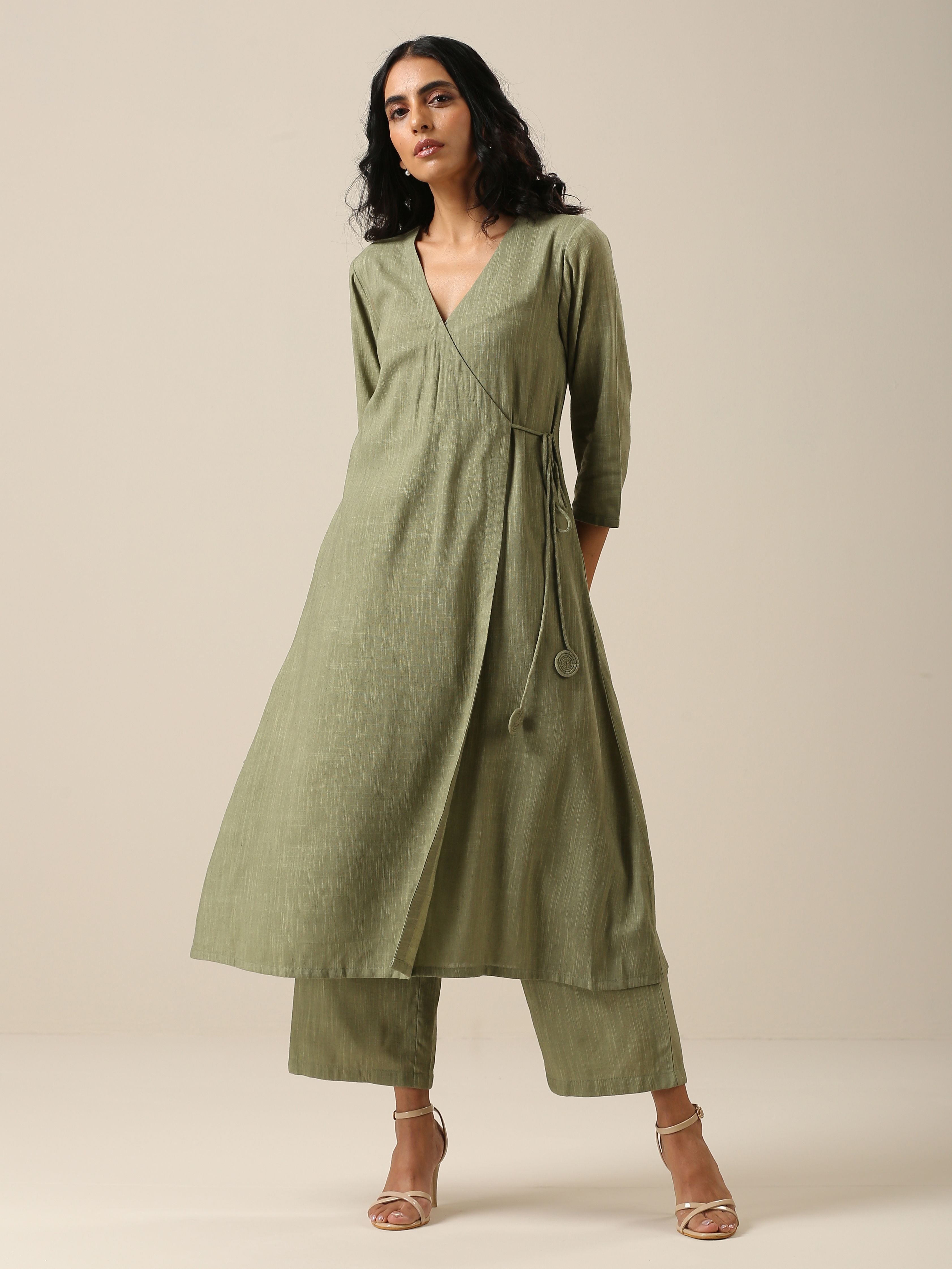 trueBrowns Sage Slub Texture Angrakha Pant Set - Distacart