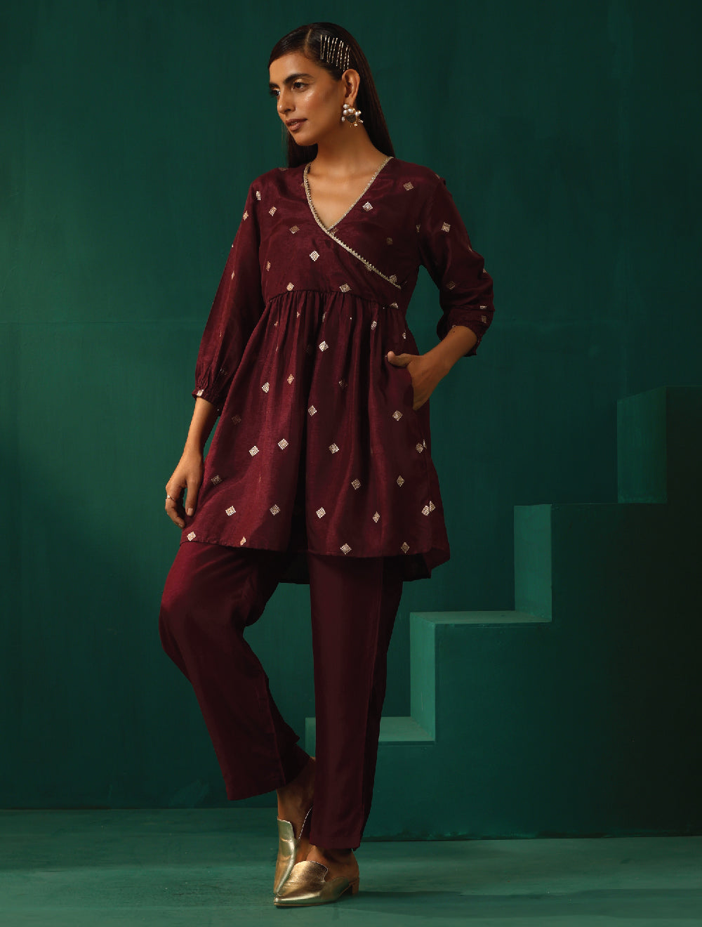 trueBrowns Wine Diamond Viscose Silk Waist Gathered Co-ord Set - Distacart