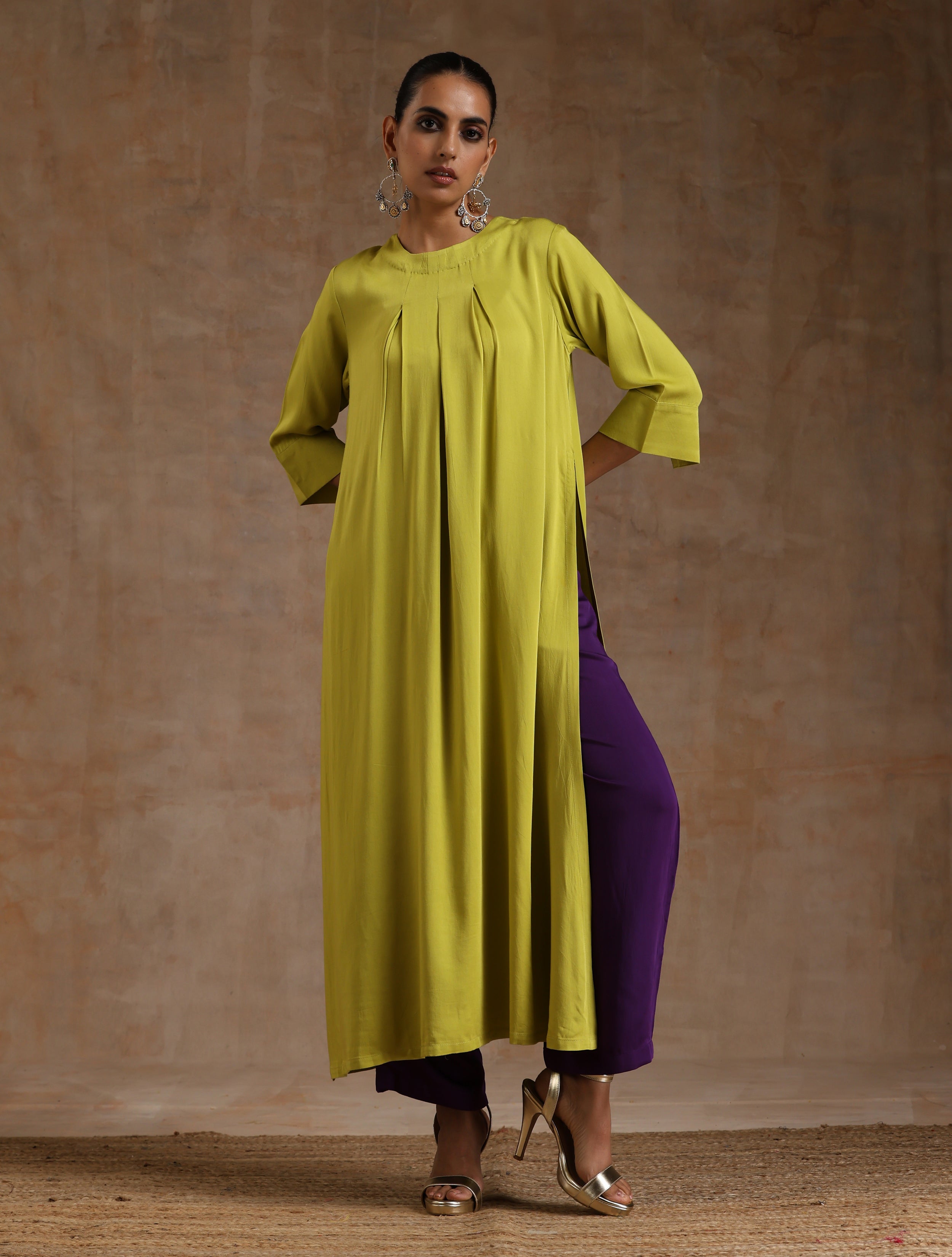 trueBrowns Lime Modal Satin Neck Pleat Kurta Set - Distacart