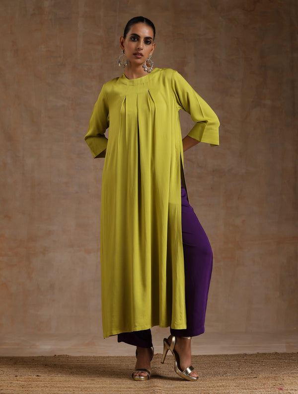 trueBrowns Lime Modal Satin Neck Pleat Kurta Set - Distacart