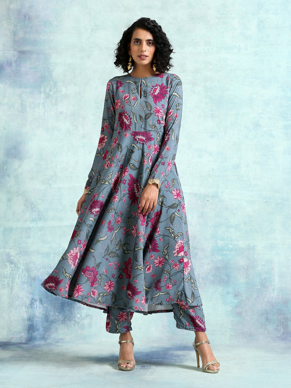 trueBrowns Grey Printed Velvet Anarkali Kurta - Distacart
