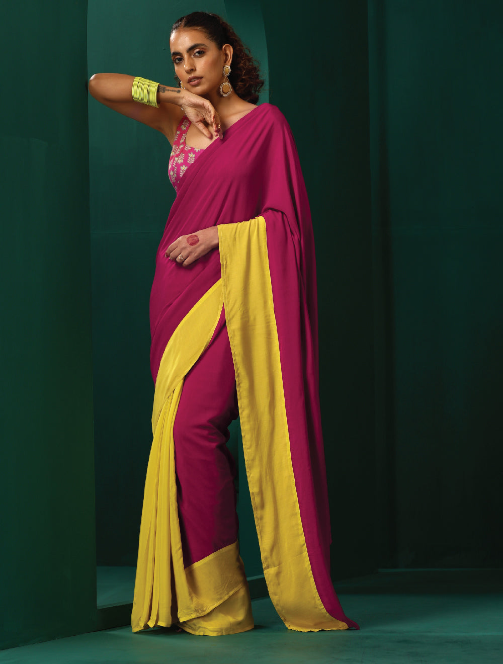trueBrowns Lime Yellow Pink Muslin Silk Ready to Wear Saree - Distacart