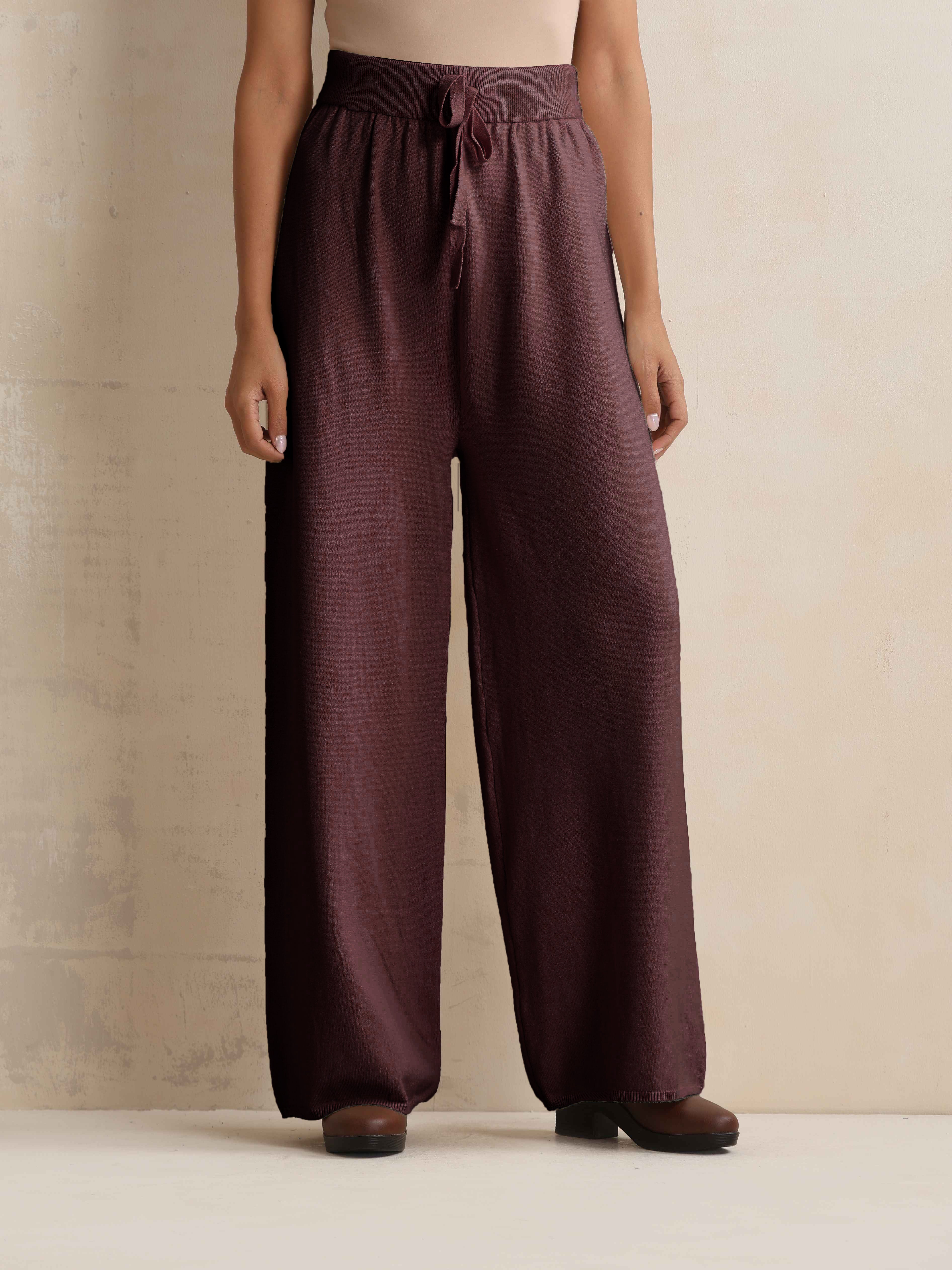 trueBrowns Brown Woollen Flared Pants - Distacart