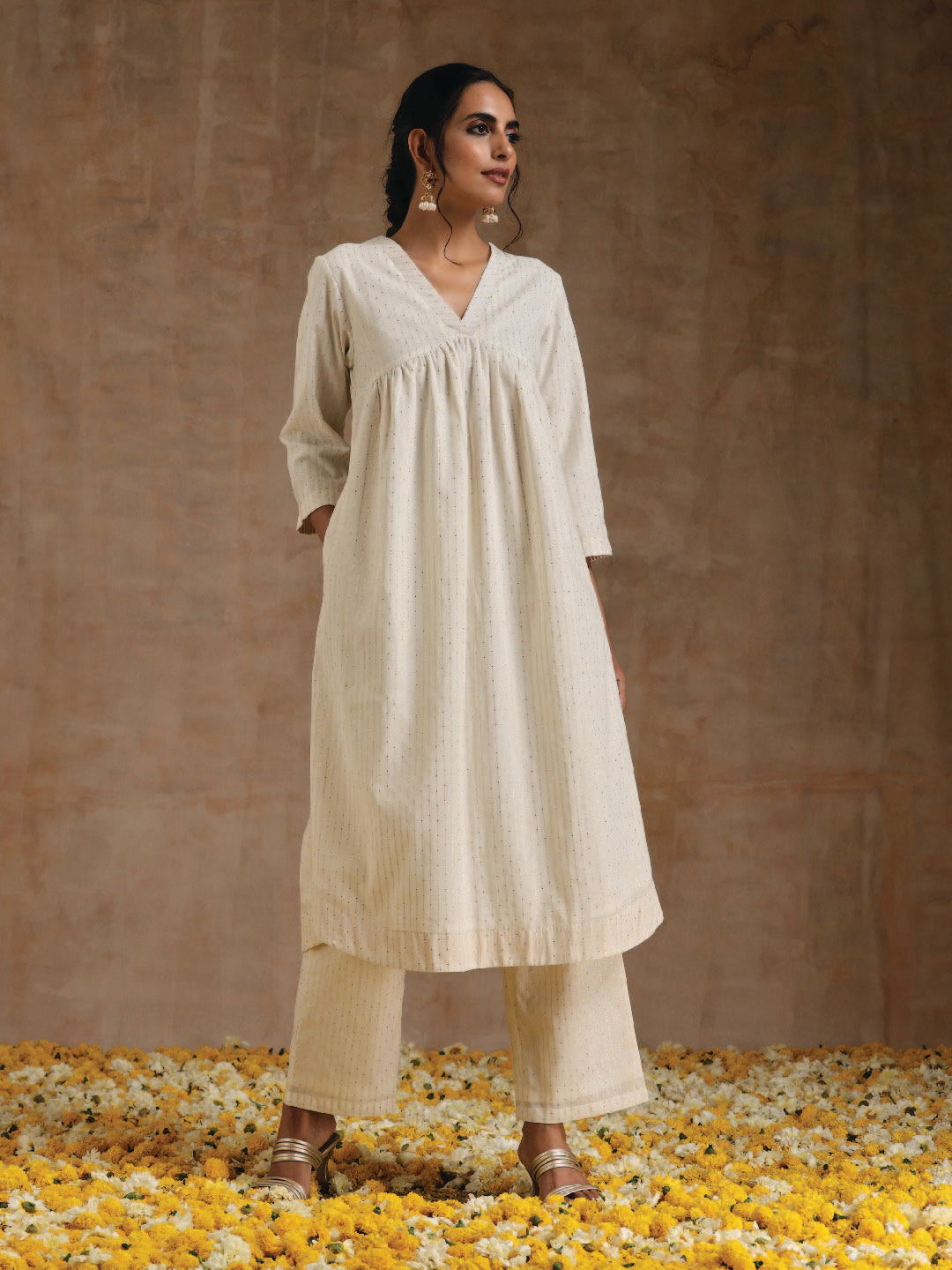 trueBrowns Ivory Gold Cotton Flared Kurta Set - Distacart