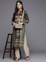 Thumbnail for Ahalyaa Women Green & Pink Ethnic Motifs Printed Gotta Patti Velvet Kurta - Distacart