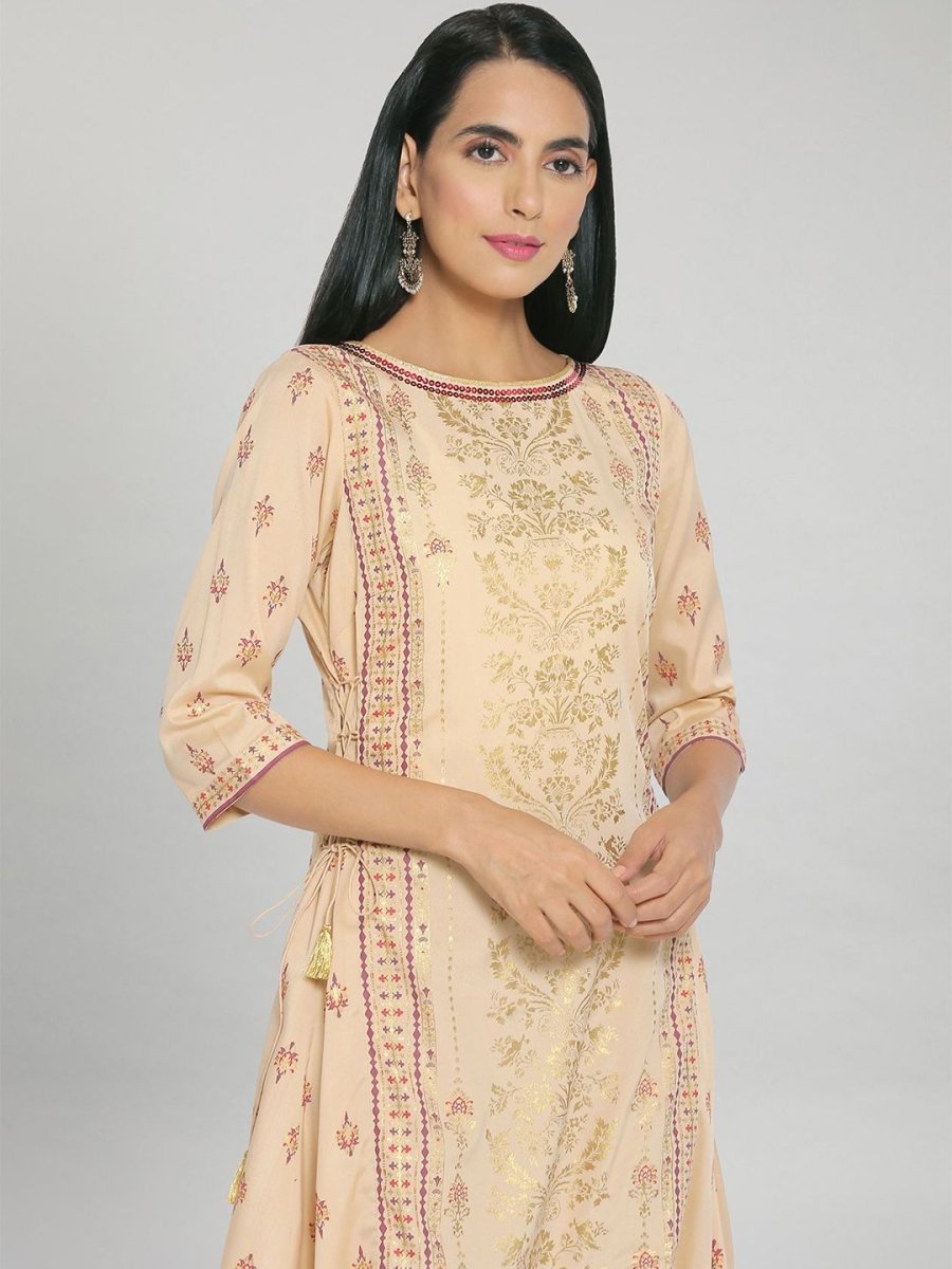 AURELIA Women Beige & Gold-Toned Ethnic Motifs A-Line Midi Dress - Distacart