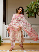 Thumbnail for Kalini Floral Yoke Design Empire V-Neck Mirror Work Cotton Kurta With Patiala & Dupatta - Distacart