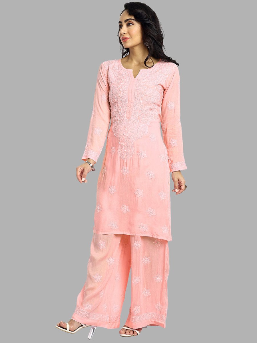 ADA Floral Embroidered Long Sleeves Regular Lucknowi Chikankari Kurta With Palazzos - Distacart