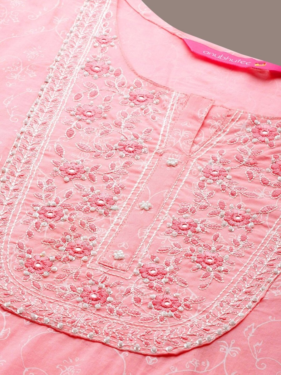 Anubhutee Floral Printed Mirror Work Pure Cotton Kurta with Trousers & Dupatta - Distacart