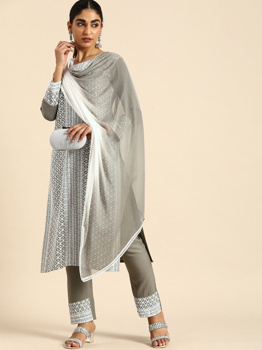 All About You Women Embroidered Chikankari Kurta With Trousers & With Dupatta - Distacart