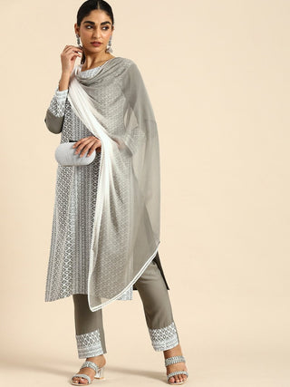 All About You Women Embroidered Chikankari Kurta With Trousers & With Dupatta - Distacart