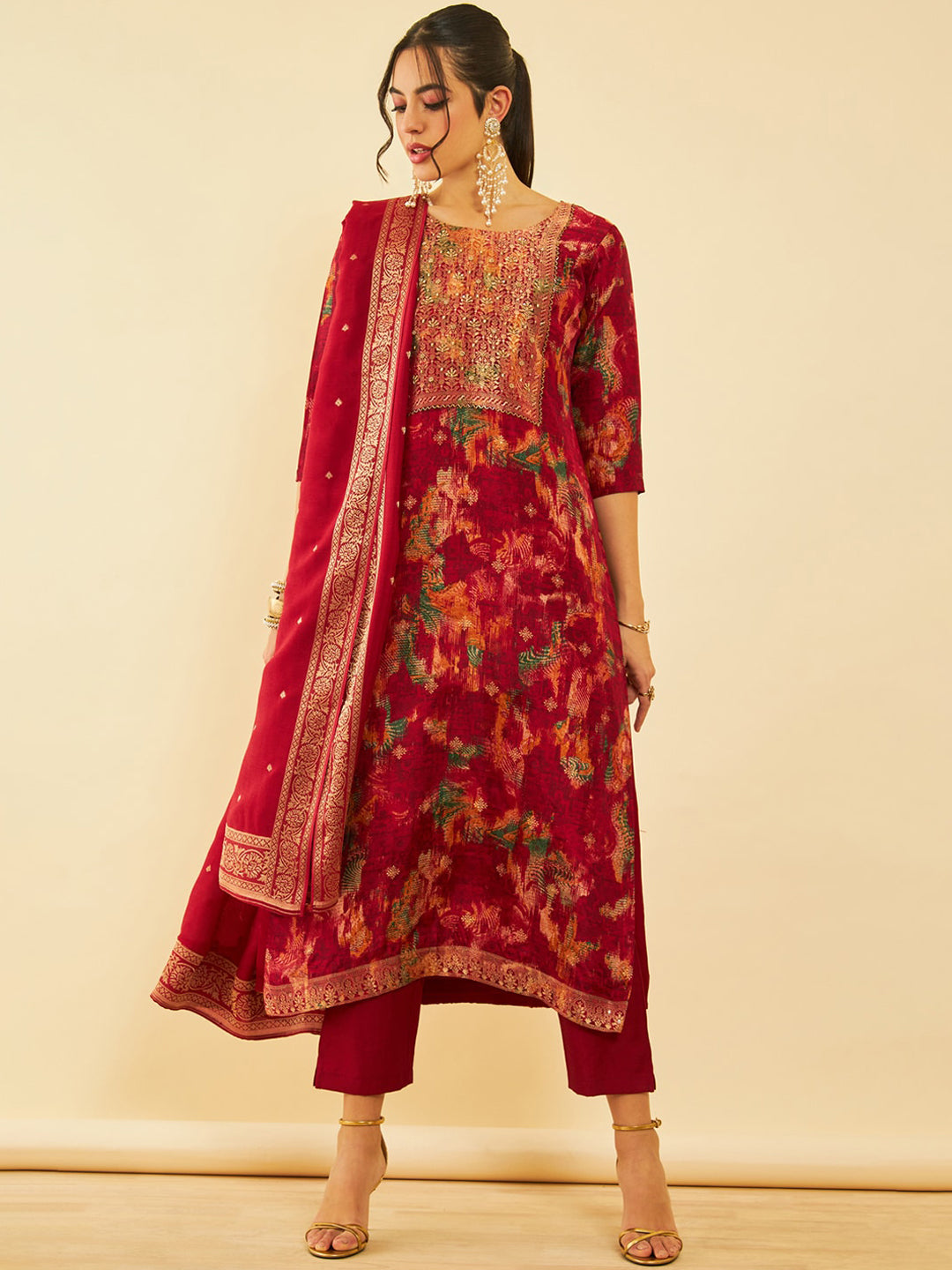 Soch Maroon Floral Woven Design Beads and Stones Brocade Kurta With Trousers & Dupatta - Distacart