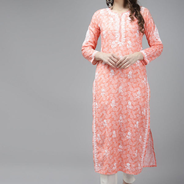 ADA Women Peach-Coloured & White Ethnic Motifs Chikankari Cotton Handloom Kurta - Distacart