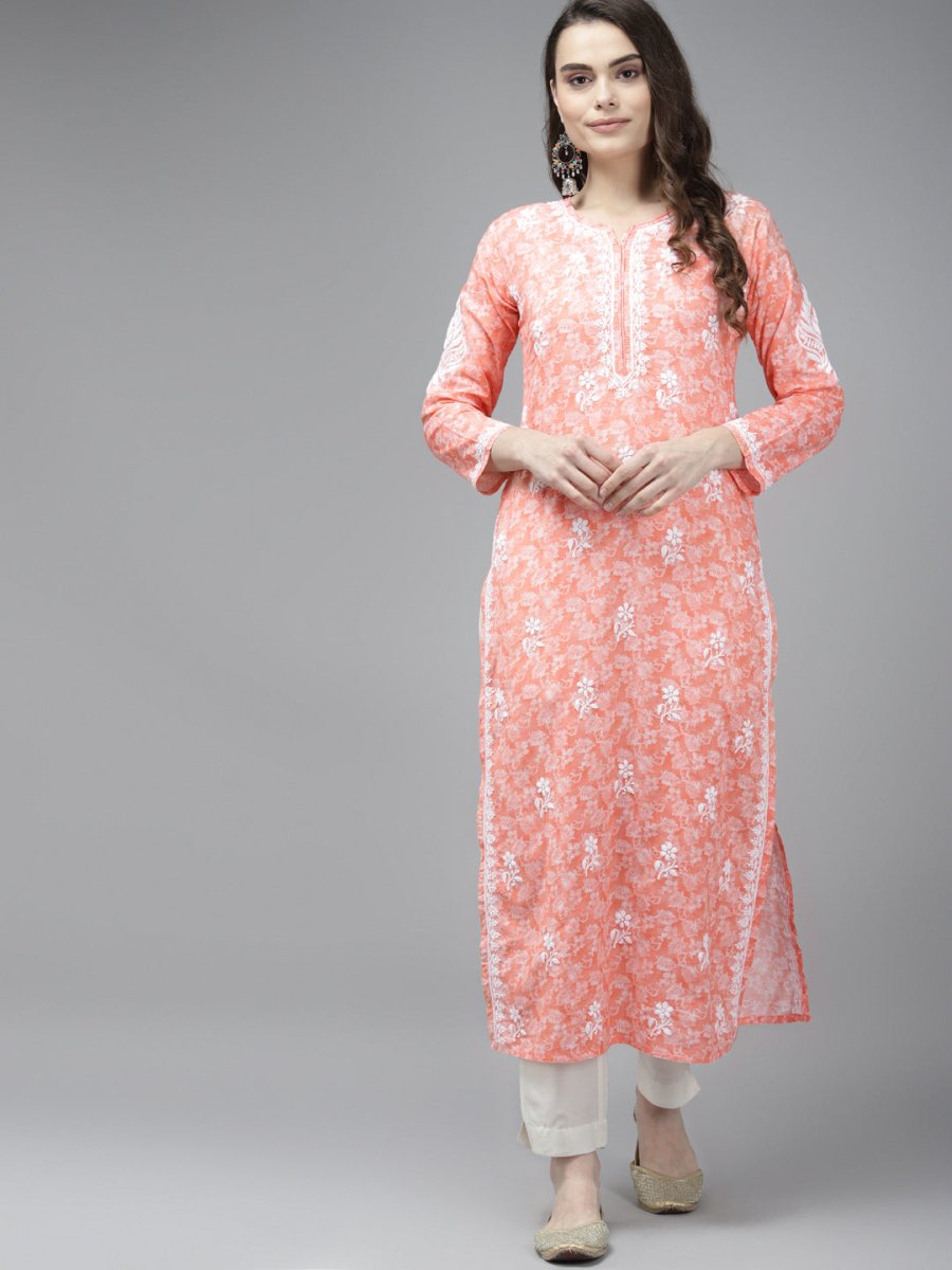 ADA Women Peach-Coloured & White Ethnic Motifs Chikankari Cotton Handloom Kurta - Distacart