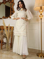 Thumbnail for Kalini Striped Sweetheart Neck Sequined Tie-Up Straight Kurta with Sharara & Dupatta - Distacart