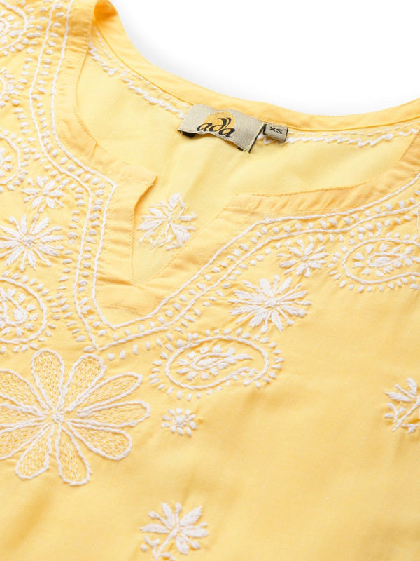 ADA Women Yellow Ethnic Motifs Embroidered Chikankari Handloom Kurta with Palazzos - Distacart