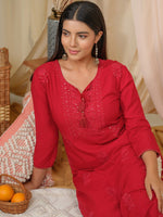 Thumbnail for Ode by House of Pataudi Floral Embroidered Tie-Up Neck Thread Work Straight Kurta - Distacart