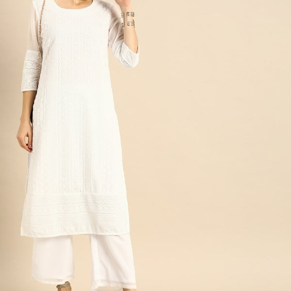 Anouk Women White Chikankari Embroidered Kurta with Palazzos - Distacart