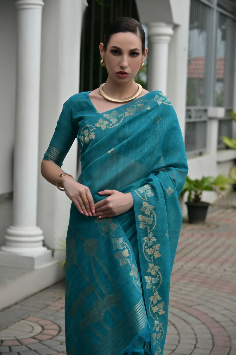 Vishnu Weaves Women's Firozi Linen Silk Zari Weaving Saree with Blouse