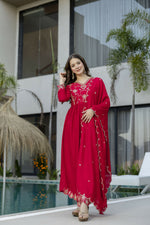 Thumbnail for The52 Women's Beautiful Vichitra Silk Fabric Embroidery Work Flared Anarkali Pant and Dupatta Set - Distacart