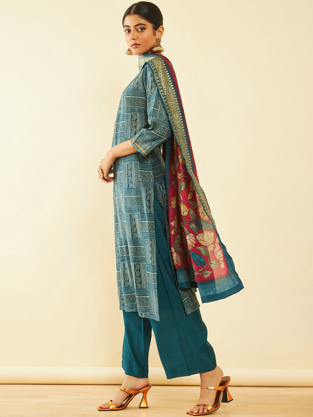 Soch Geometric Printed Regular Sequinned Kurta With Palazzos & Dupatta - Distacart