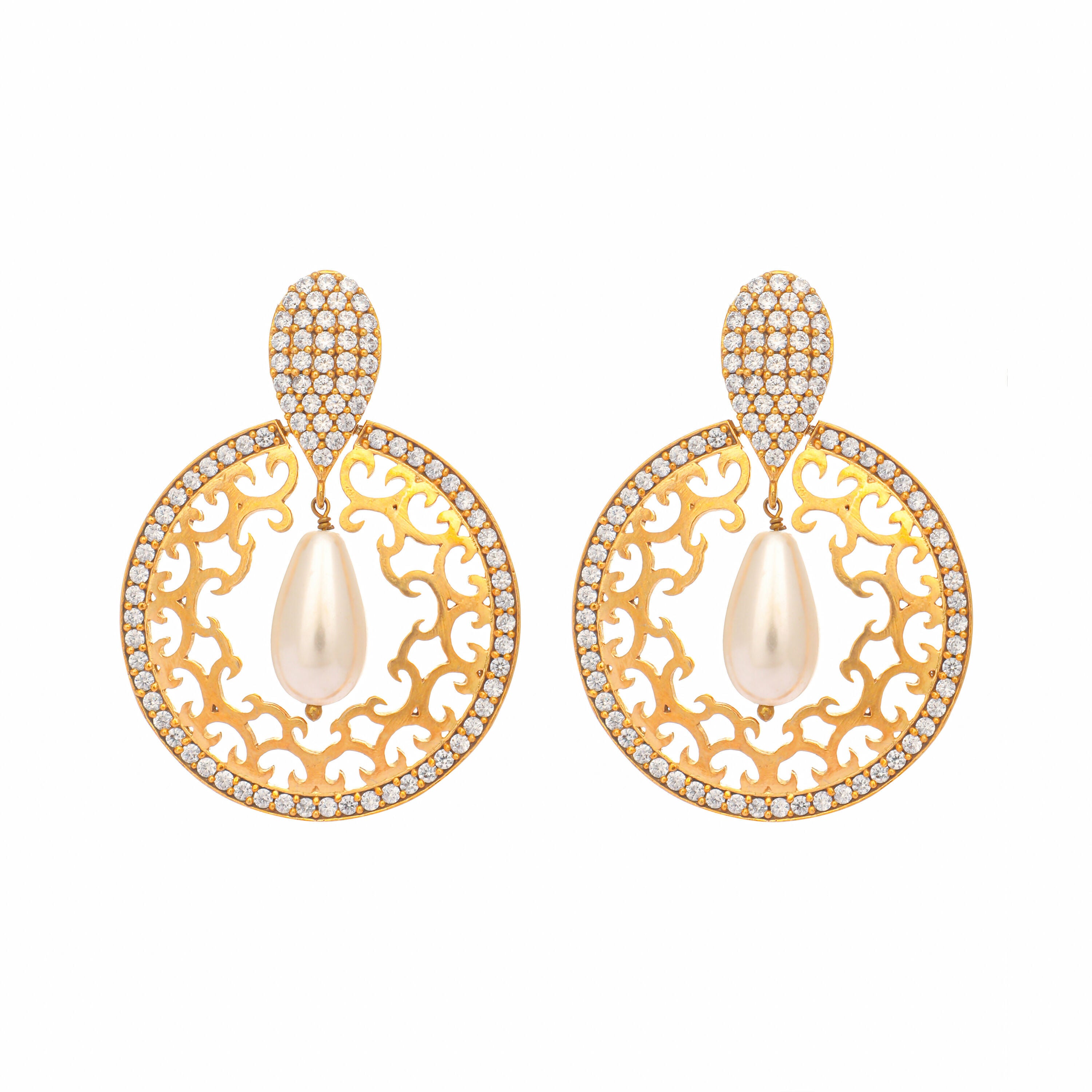 Nuyug 22K Gold Plated Cubic Zirconia Studded Contemporary Moon Shaped Pearl Drop Chandbalis