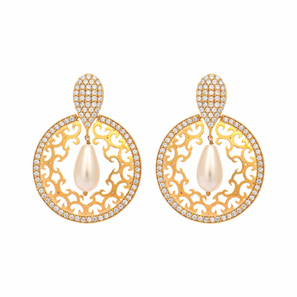 Nuyug 22K Gold Plated Cubic Zirconia Studded Contemporary Moon Shaped Pearl Drop Chandbalis