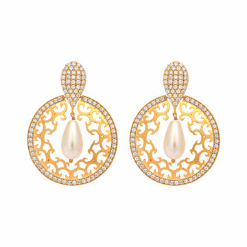 Nuyug 22K Gold Plated Cubic Zirconia Studded Contemporary Moon Shaped Pearl Drop Chandbalis - Distacart