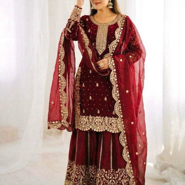Teeya Creation Maron Color Fendy Silk Embroidery Work Wedding Wear Salwar Suit - Distacart