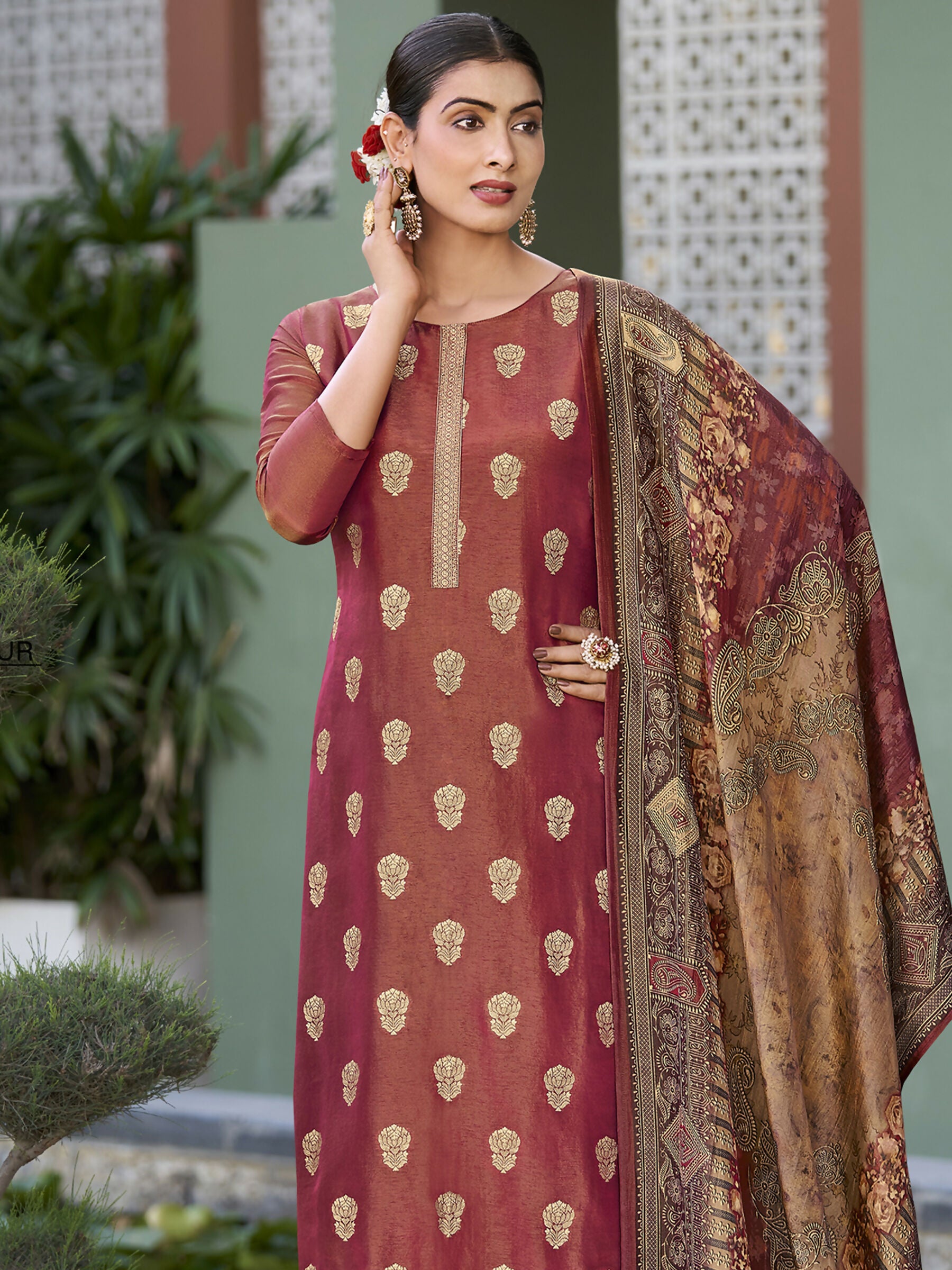 Jyoti Fashion Women's Maroon Pure Silk Elegant Jacquard Woven Kurta with Trouser & Dupatta - Distacart