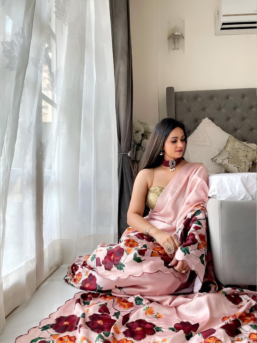 Anouk Beige & Red Floral Satin Saree - Distacart