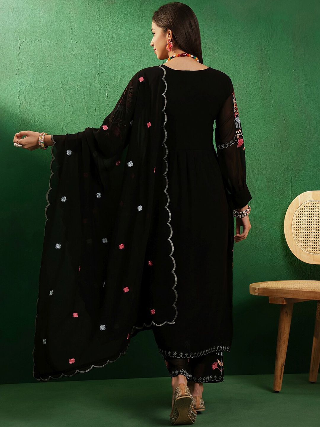 Sangria V Neck Floral Embroidered A Line Kurta with Palazzos & Dupatta