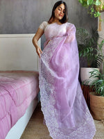 Thumbnail for Anouk Lavender Floral Embroidered Organza Saree - Distacart