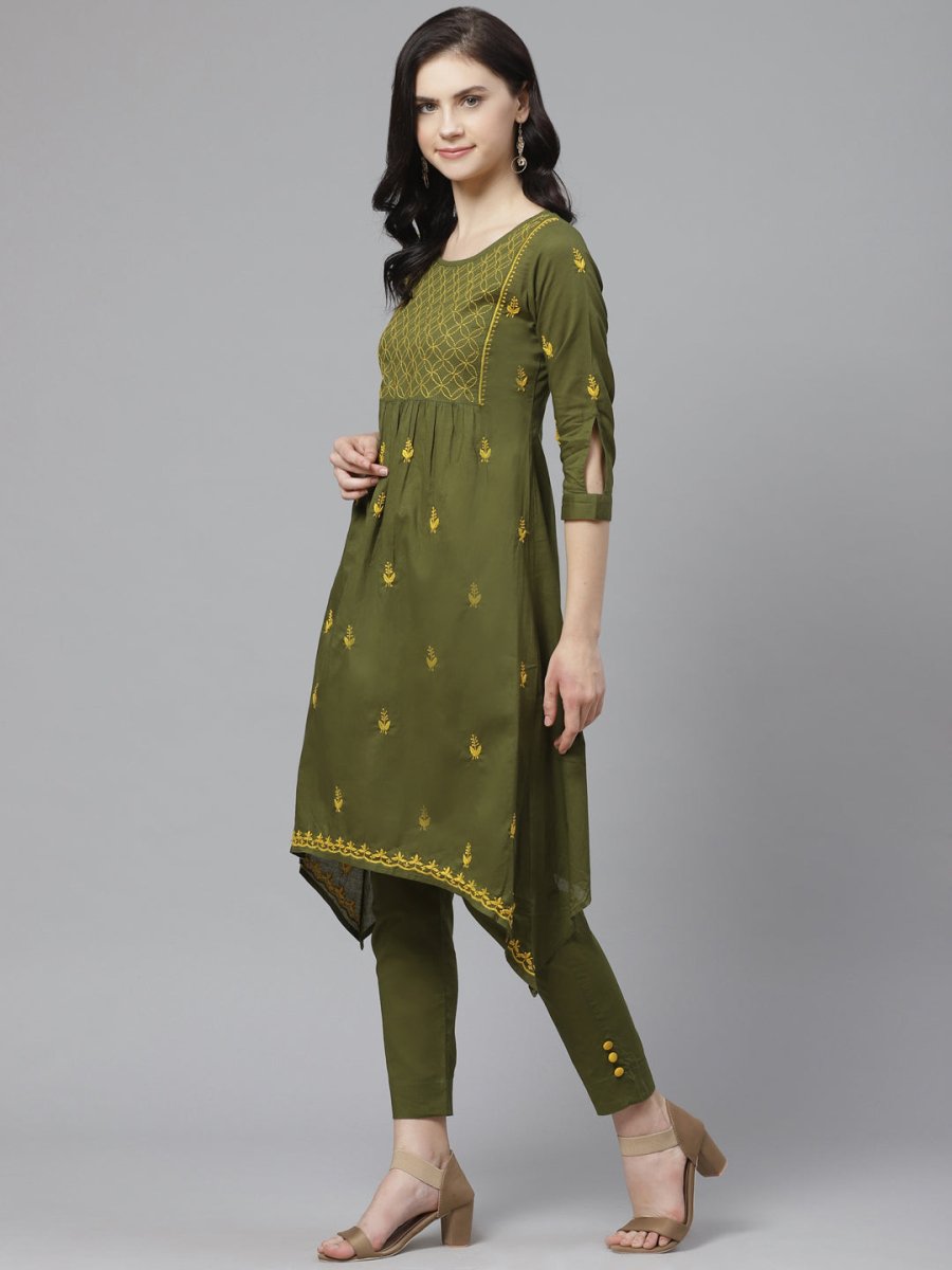 ADA Women Green & Yellow Chikankari Embroidered Sustainable Handloom Kurta with Trousers - Distacart
