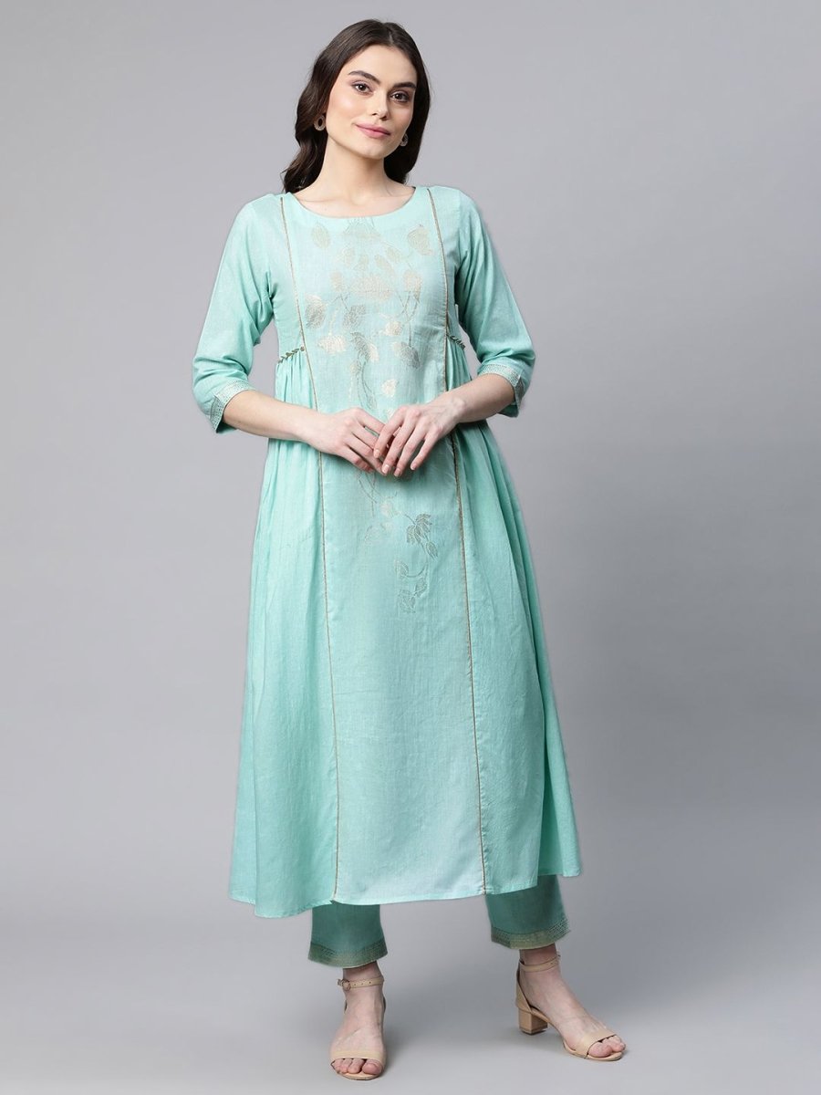 Ahalyaa Women Sea Green Colour Pure Cotton Gold Foil Print Kurta Pant Set - Distacart