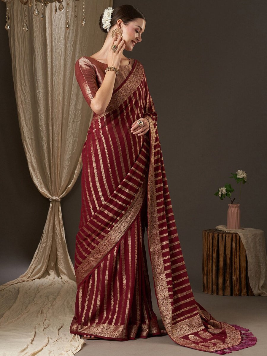 Anouk Maroon & Gold-Toned Woven Design Zari Pure Georgette Kanjeevaram Saree - Distacart