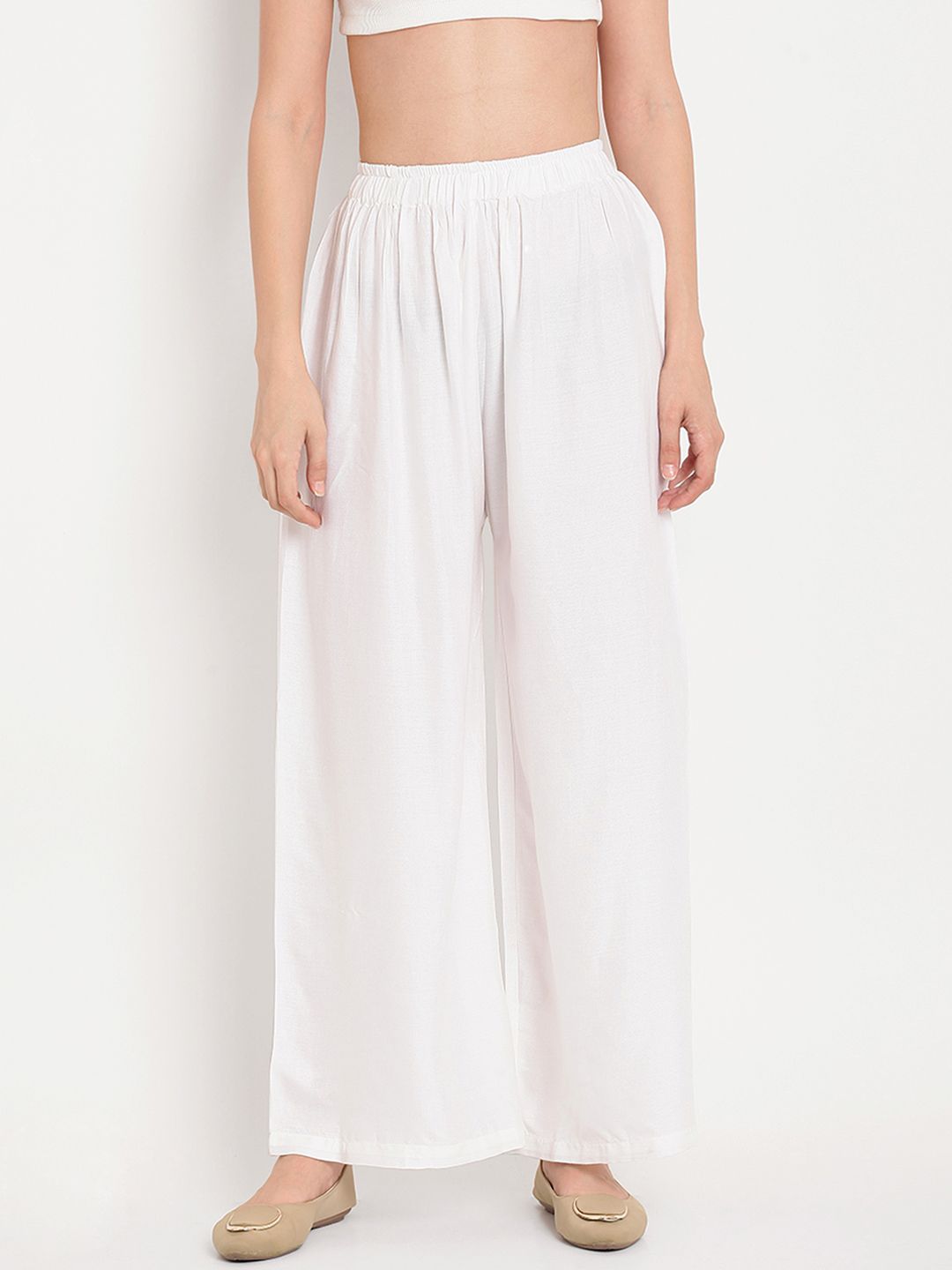 TAG 7 Women Pack Of 2 White & Navy Blue Solid Flared Palazzos - Distacart