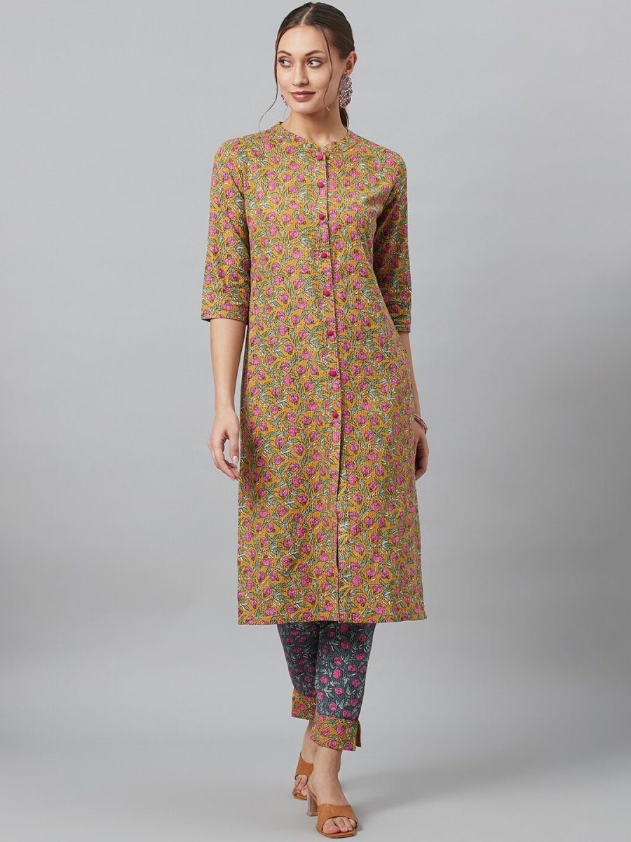 Aks Floral Printed Mandarin Collar Regular Pure Cotton Kurta With Trousers - Distacart