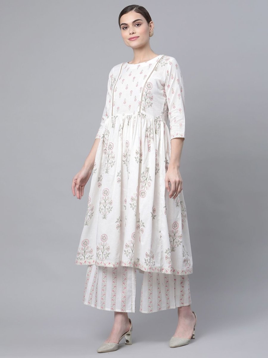 Ahalyaa Women's Off White Pure Cotton Printed Kurta Palazzo Set