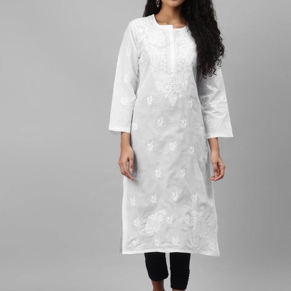 ADA Women White & Black Paisley Embroidered Chikankari Handloom Kurta with Trousers - Distacart